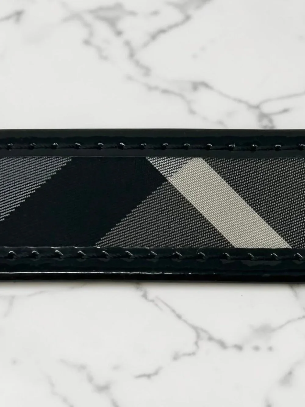 Burberry Black Beat Check and Patent Leather Belt, Size US 32